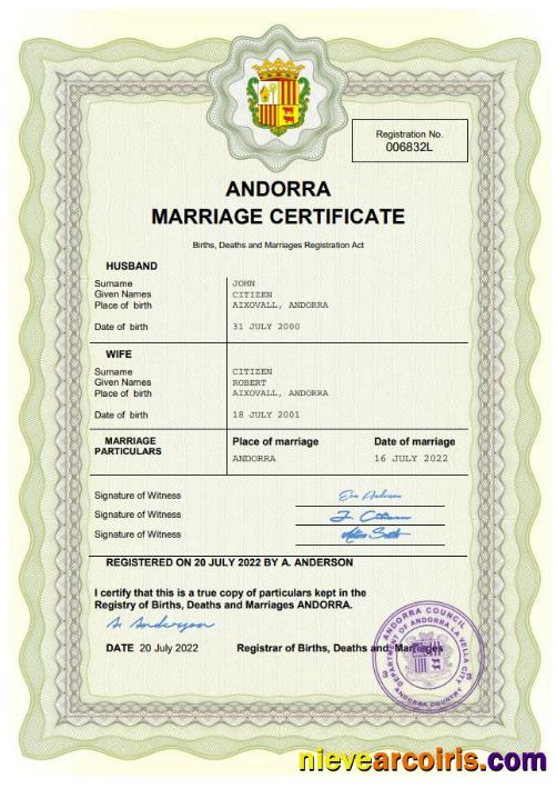 Andorra marriage certificate
